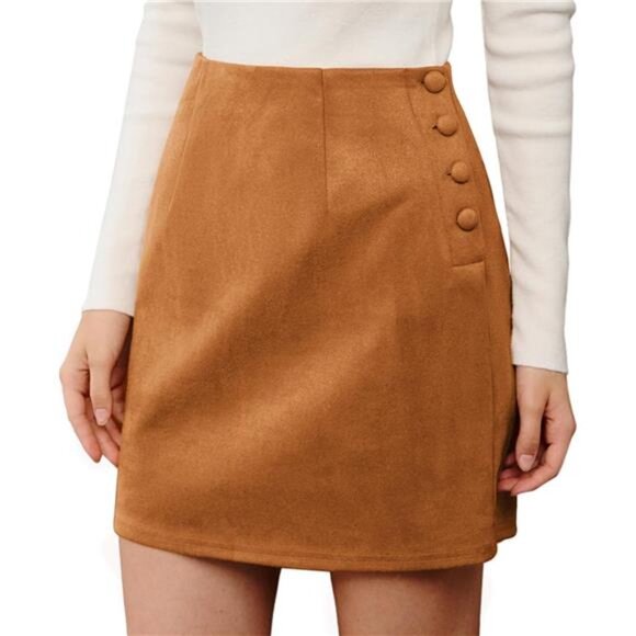 Women Mini Skirt Suede Skirts with Button Camel - Picture 1 of 6